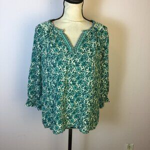 Caffe Marrakesh Blouse Top Sz M Womans Teal Floral V-neck 3/4 Sleeve Boho Ruffle